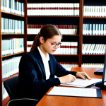 **Image Prompt 1:** A young law student in appropriate business casual attire, working diligently at a well-organized desk filled with legal documents in a bright, modern law firm library. The scene should convey a sense of dedication and professionalism. Include elements like law books and a laptop. fully clothed, appropriate content, safe for work, professional, perfect anatomy, natural proportions, high quality.