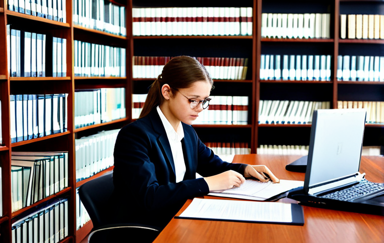 **Image Prompt 1:** A young law student in appropriate business casual attire, working diligently at a well-organized desk filled with legal documents in a bright, modern law firm library. The scene should convey a sense of dedication and professionalism. Include elements like law books and a laptop. fully clothed, appropriate content, safe for work, professional, perfect anatomy, natural proportions, high quality.