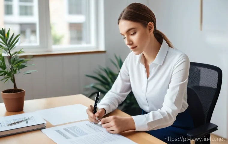변호사와 노동법 실무 적용 - **Prompt 1: The Diligent Employee Reviewing Their Contract**
    "A bright, naturally lit image of a...