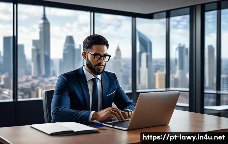 변호사로서의 경력 확장 방법 - A modern digital law office scene showcasing a professional lawyer specializing in data protection c...
