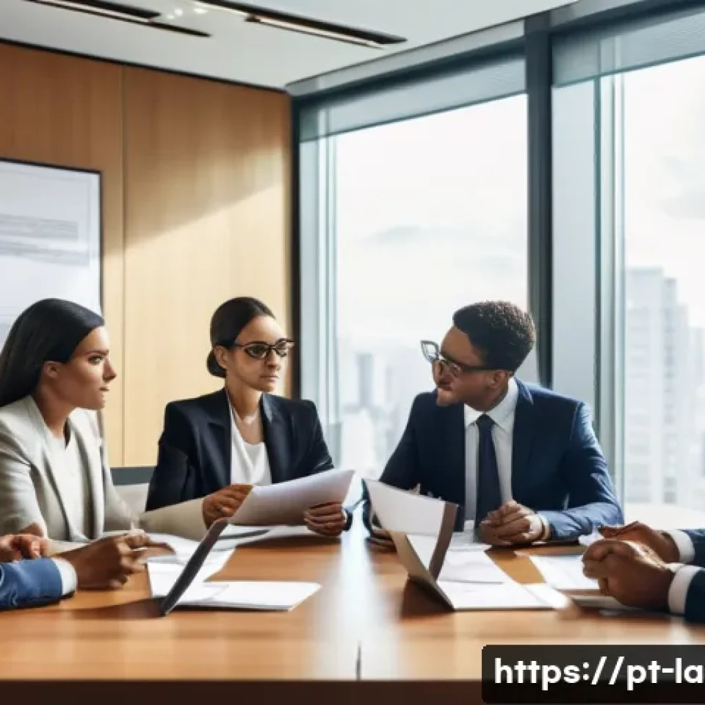 변호사와 계약법 실무 적용 - A professional office scene showing a diverse group of businesspeople in a modern Brazilian corporat...