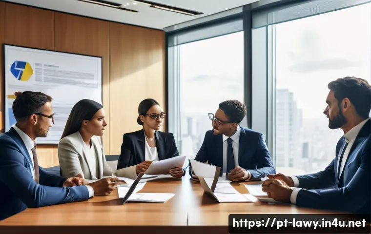변호사와 계약법 실무 적용 - A professional office scene showing a diverse group of businesspeople in a modern Brazilian corporat...