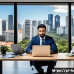 법률 컨설팅 비즈니스 시작하기 - A modern legal consultant workspace set in a vibrant Brazilian city office, featuring a professional...