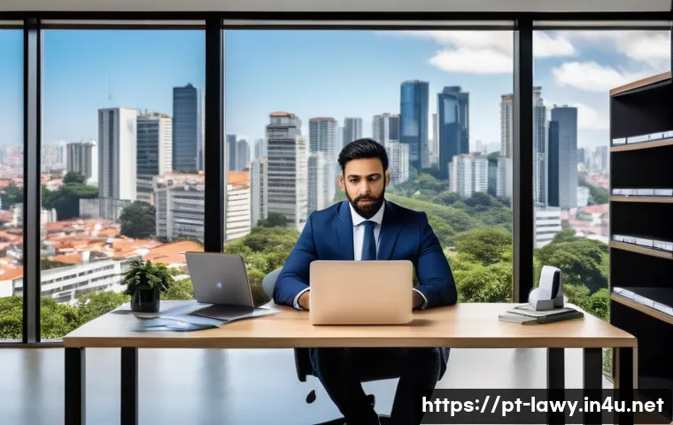 법률 컨설팅 비즈니스 시작하기 - A modern legal consultant workspace set in a vibrant Brazilian city office, featuring a professional...