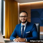 변호사 수익 증대를 위한 팁 - A professional Brazilian lawyer in a modern office setting, wearing a tailored dark blue suit and gl...