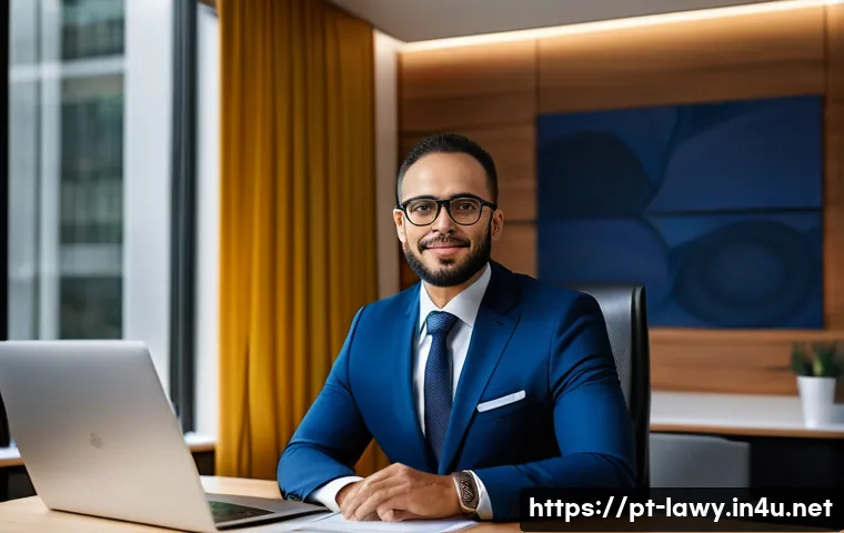 변호사 수익 증대를 위한 팁 - A professional Brazilian lawyer in a modern office setting, wearing a tailored dark blue suit and gl...