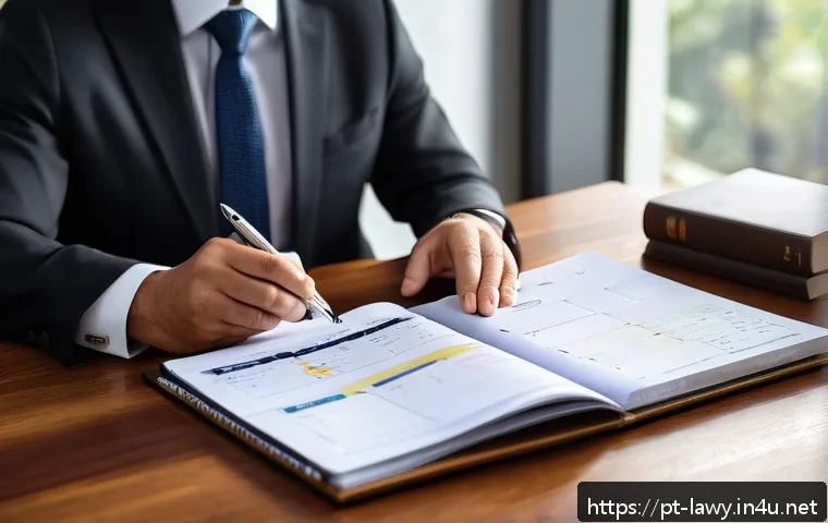 변호사 업무 일지 템플릿 - A professional Brazilian lawyer seated at a modern wooden desk in a bright office, organizing a deta...