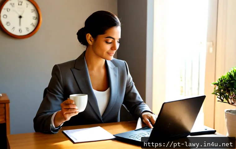 Home 17 변호사로서의 업무 균형 유지 - Photorealistic Brazilian lawyer in a smart neutral business suit working calmly at a sunlit home off...